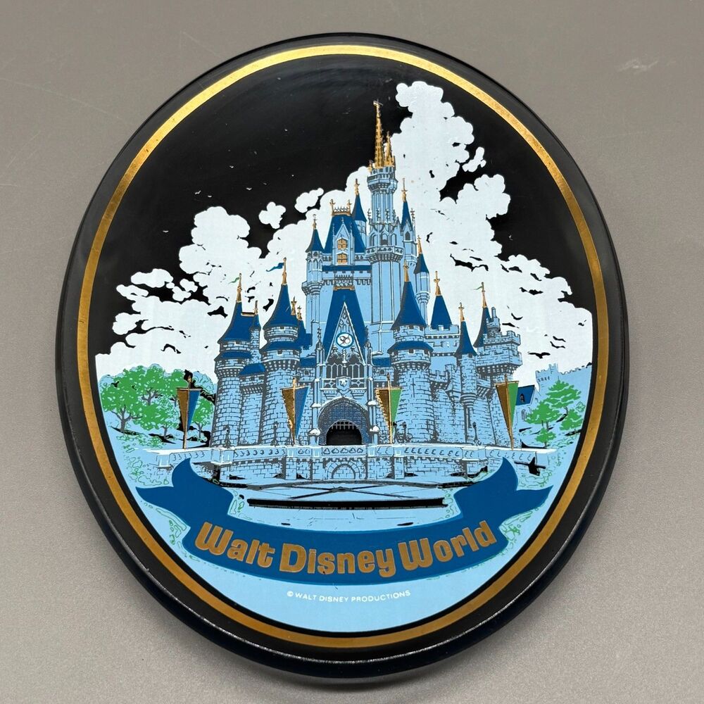 Vintage Walt Disney World Cinderella Castle Smoke Glass Souvenir Plate Oval '70s